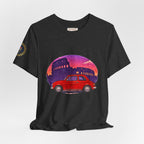 Vintage Fiat 500 Rome Tee (Bella Canvas 3001)— Red Car & Colosseum Sunset Graphic T-Shirt