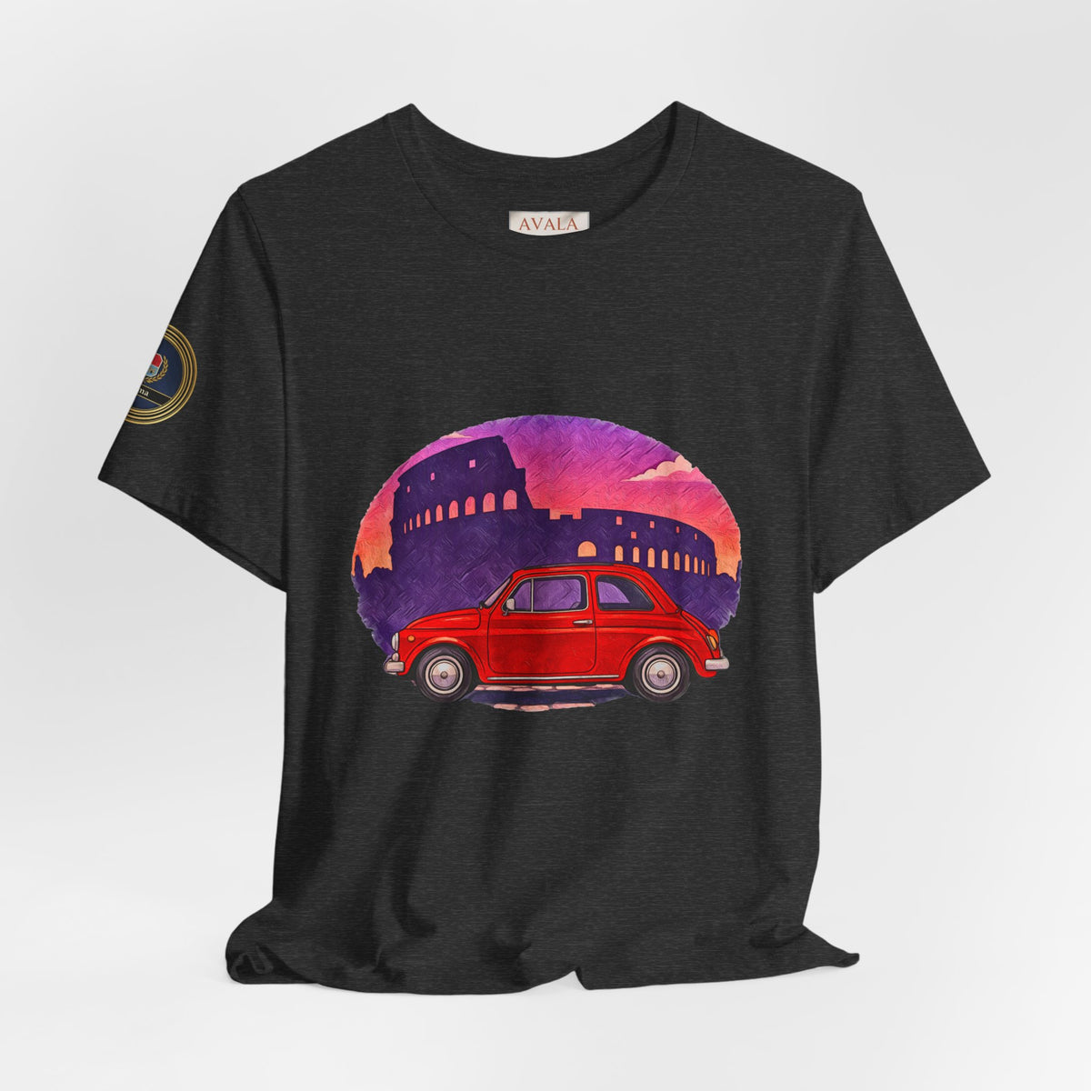 Vintage Fiat 500 Rome Tee (Bella Canvas 3001)— Red Car & Colosseum Sunset Graphic T-Shirt