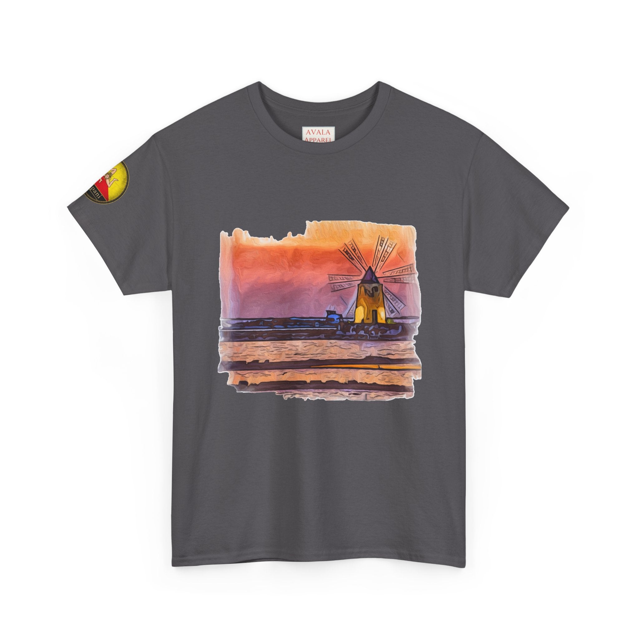 Trapani Windmills, Salt Pans and A Sunset - Unisex with sleeve patch (Trapani, Sicily)