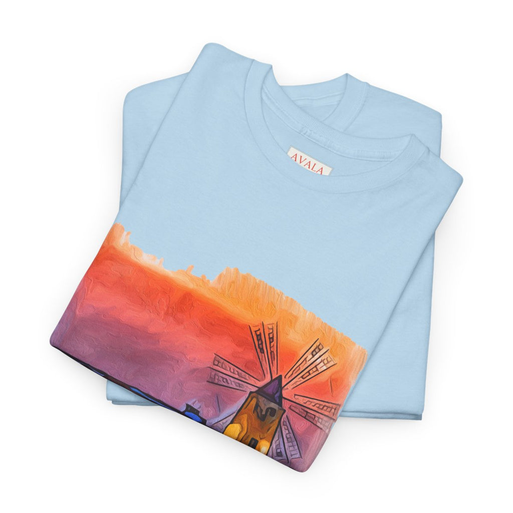 Trapani Windmills, Salt Pans and A Sunset - Unisex with sleeve patch (Trapani, Sicily)