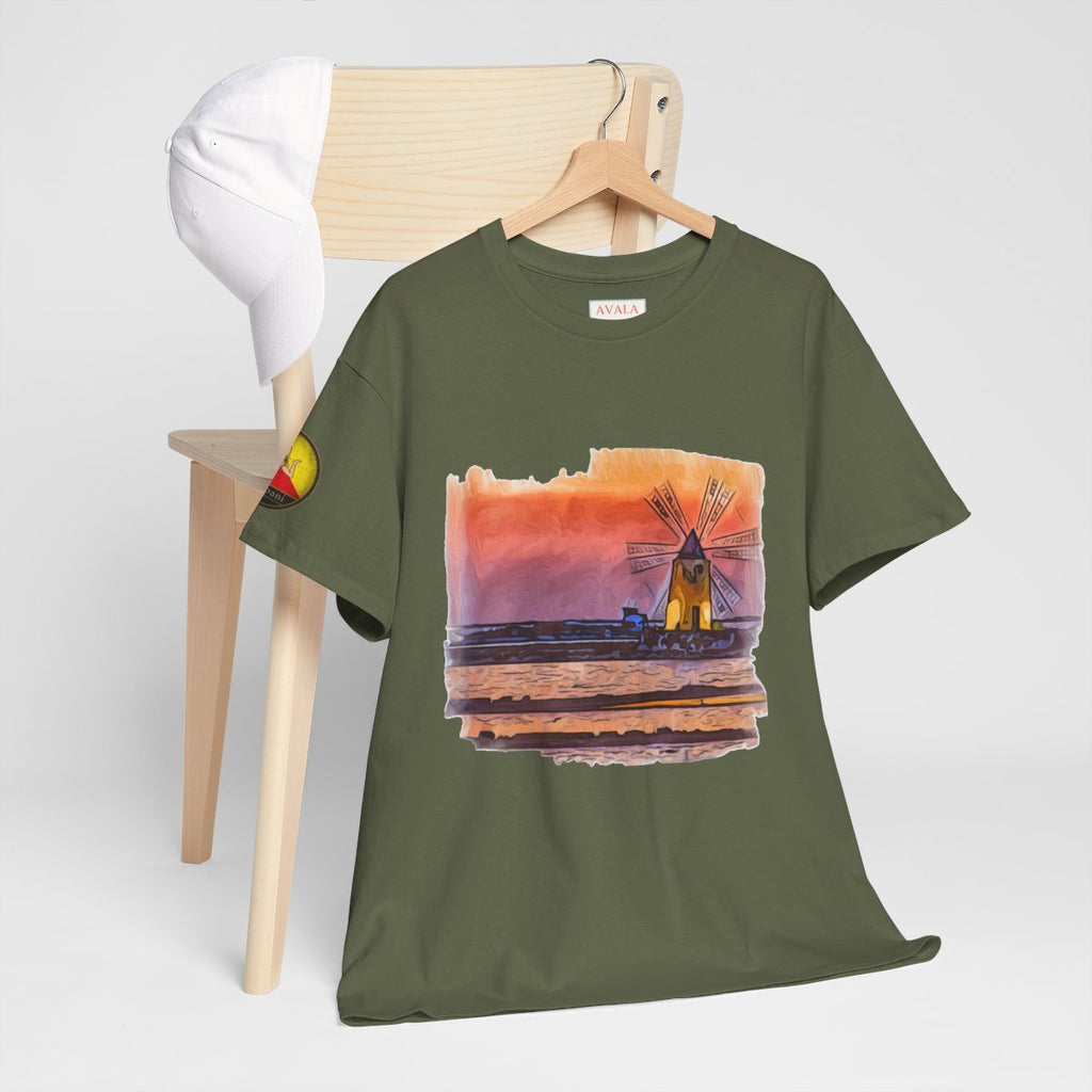 Trapani Windmills, Salt Pans and A Sunset - Unisex with sleeve patch (Trapani, Sicily)