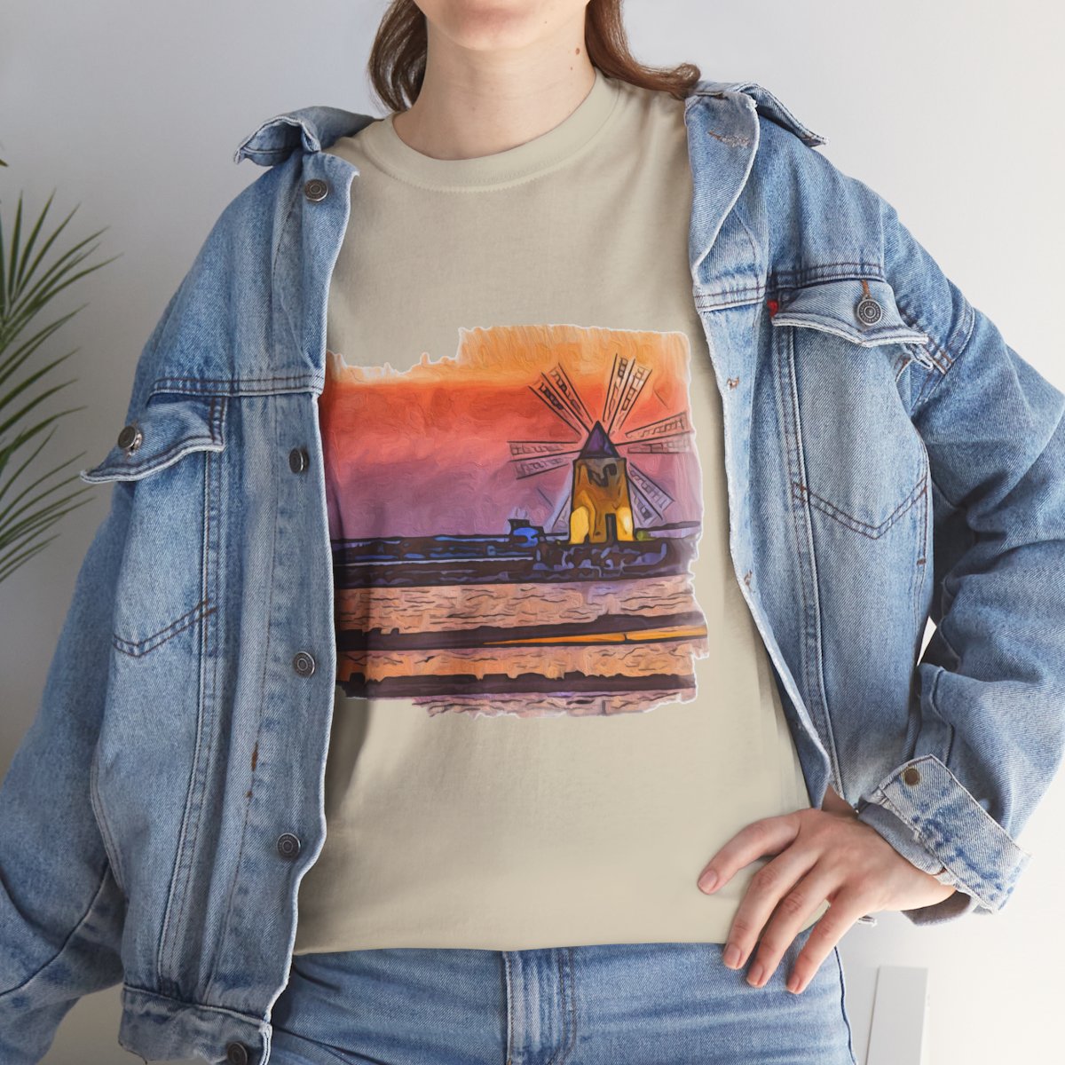 Trapani Windmills, Salt Pans and A Sunset - Unisex with sleeve patch (Trapani, Sicily)