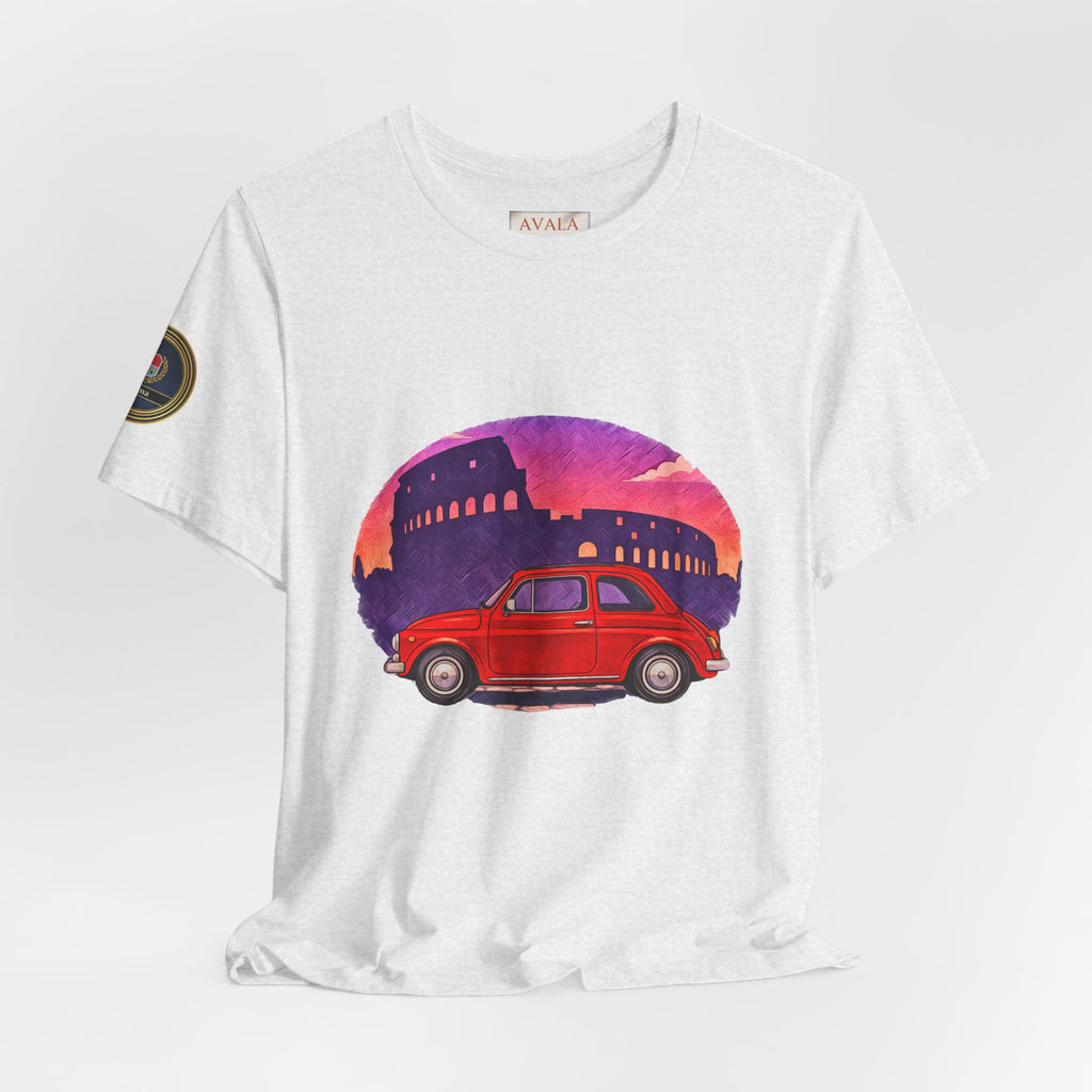 Vintage Fiat 500 Rome Tee (Bella Canvas 3001)— Red Car & Colosseum Sunset Graphic T-Shirt