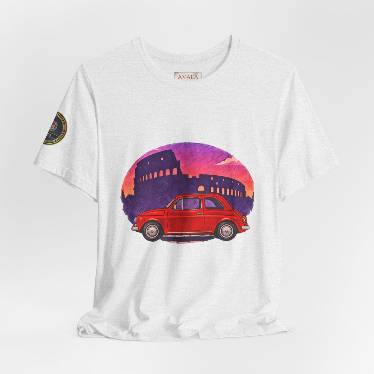 Vintage Fiat 500 Rome Tee (Bella Canvas 3001)— Red Car & Colosseum Sunset Graphic T-Shirt
