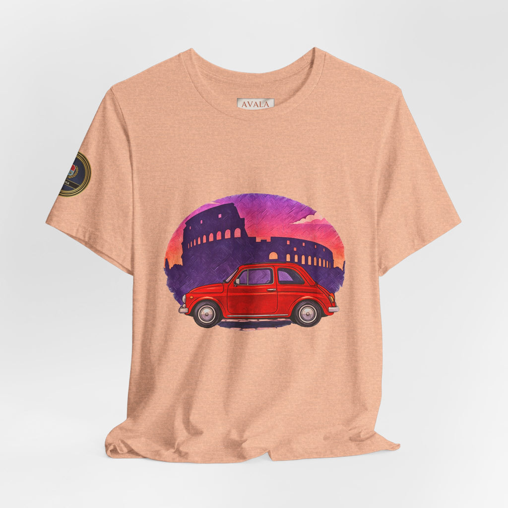 Vintage Fiat 500 Rome Tee (Bella Canvas 3001)— Red Car & Colosseum Sunset Graphic T-Shirt