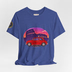 Vintage Fiat 500 Rome Tee (Bella Canvas 3001)— Red Car & Colosseum Sunset Graphic T-Shirt