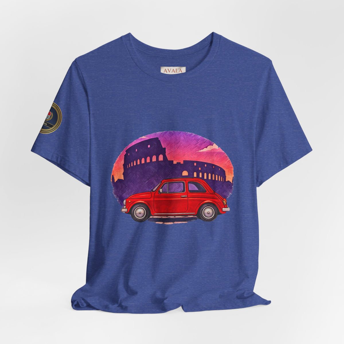 Vintage Fiat 500 Rome Tee (Bella Canvas 3001)— Red Car & Colosseum Sunset Graphic T-Shirt