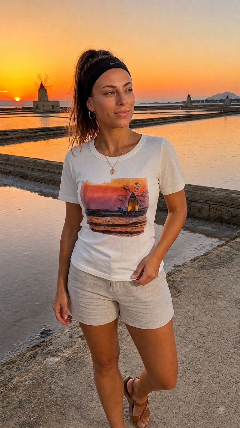 Trapani Windmills, Salt Pans and A Sunset - Women's T-Shirt (Trapani, Sicily)