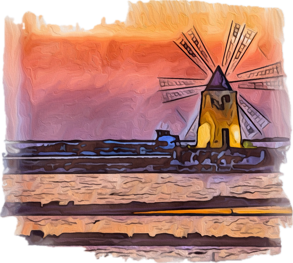Trapani Windmills, Salt Pans and A Sunset - Unisex with sleeve patch (Trapani, Sicily)