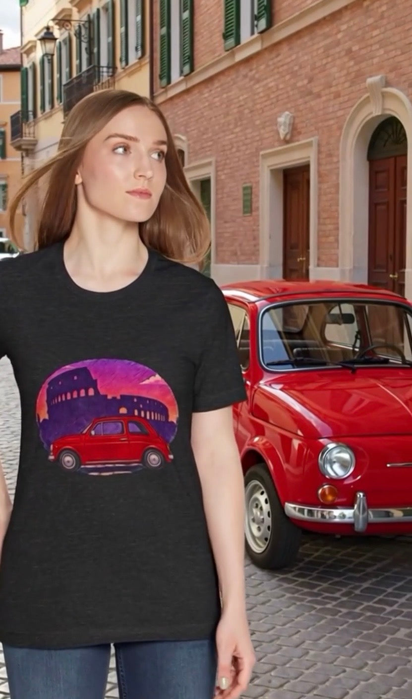 Vintage Fiat 500 Rome Tee (Bella Canvas 3001)— Red Car & Colosseum Sunset Graphic T-Shirt