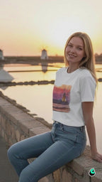 Trapani Windmills, Salt Pans and A Sunset - Unisex with sleeve patch (Trapani, Sicily)