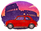 Vintage Fiat 500 Rome Tee (Bella Canvas 3001)— Red Car & Colosseum Sunset Graphic T-Shirt