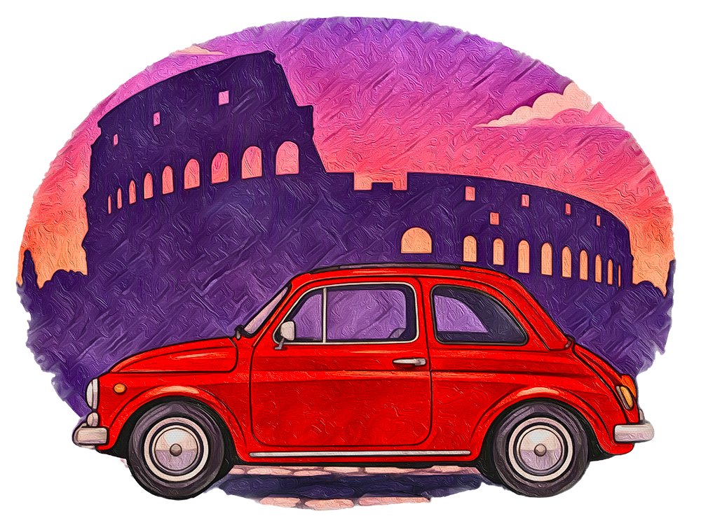 Vintage Fiat 500 Rome Tee (Bella Canvas 3001)— Red Car & Colosseum Sunset Graphic T-Shirt