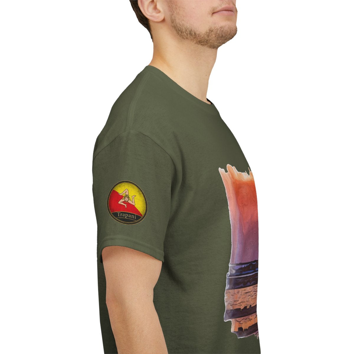 Trapani Windmills, Salt Pans and A Sunset - Unisex with sleeve patch (Trapani, Sicily)