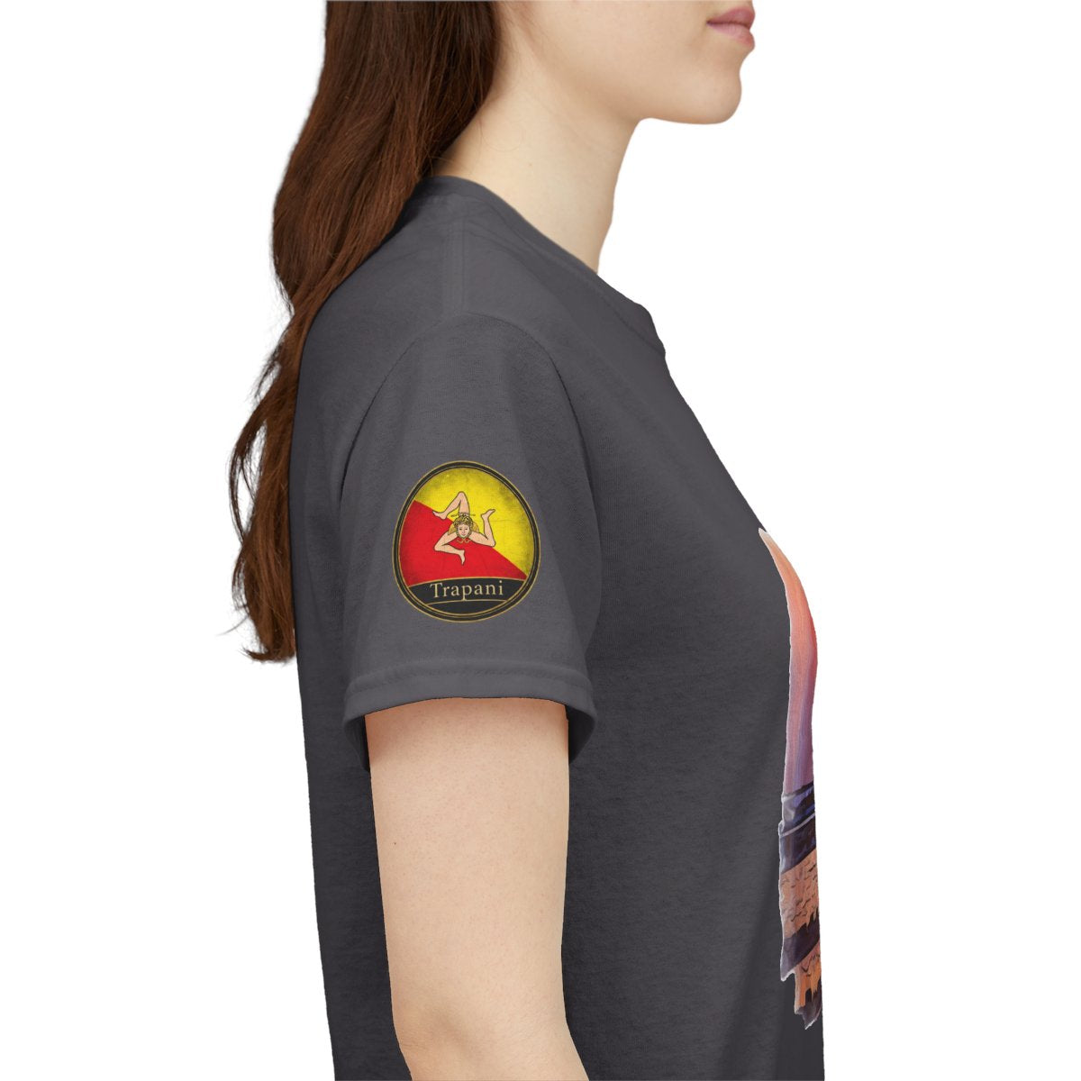 Trapani Windmills, Salt Pans and A Sunset - Unisex with sleeve patch (Trapani, Sicily)